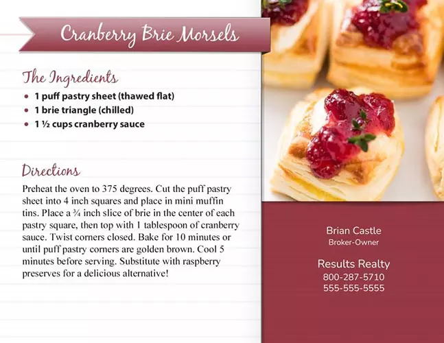 Real estate postcard with cranberry brie morsels recipe