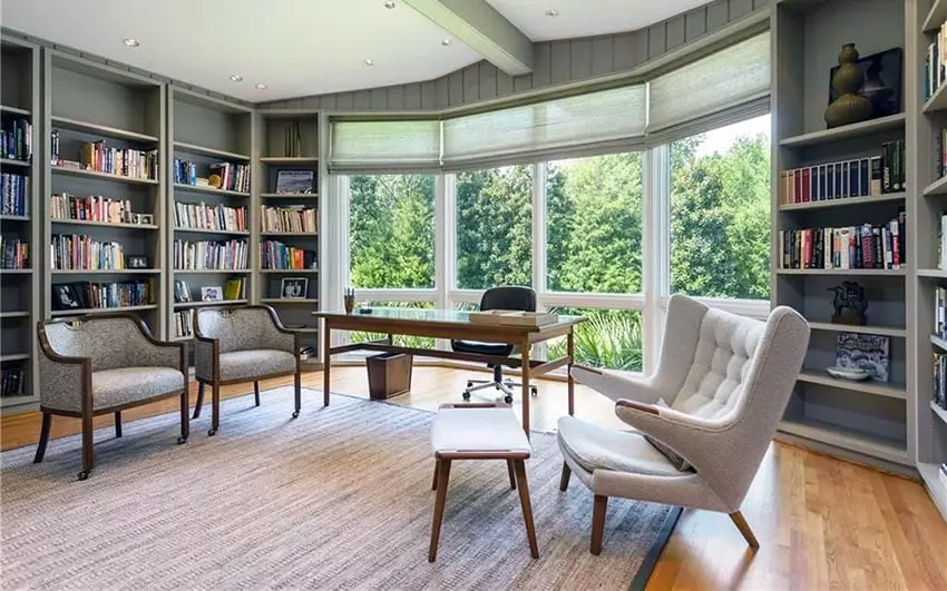 Feng shui office with natural wood and houseplants