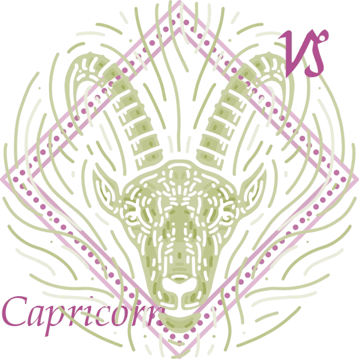 Green illustration of a goat sits inside a pink diamond-shaped frame with the Capricorn symbol and the word "Capricorn"