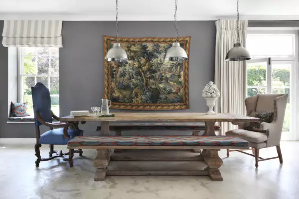 this beautiful kitchen flaunts a tudor style house interior by mixing wood, tiles, and marbles