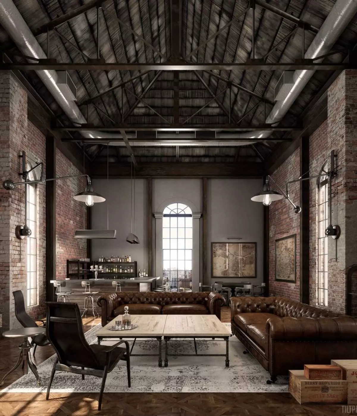 Open Layout and Vintage Wall Maps Decor industrial living room via Tilt Pixel