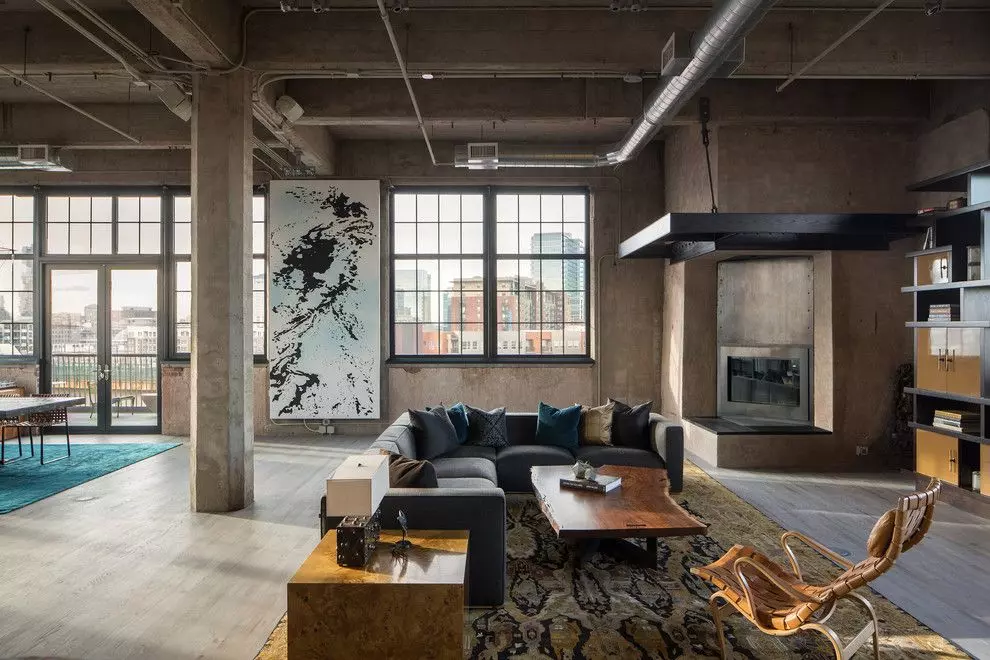 Cowhide Rug in Industrial Living Room design