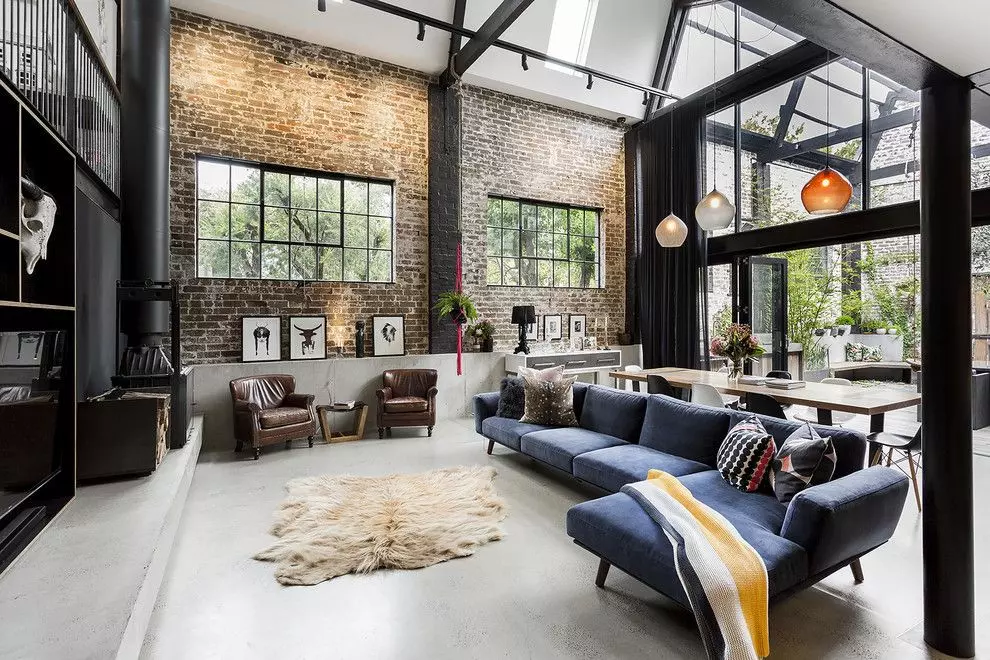 Bohemian Industrial Living Room Design via TCPeterson Photography