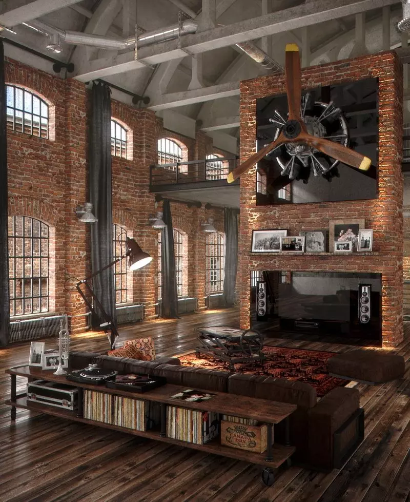 Machinery Inspired Wall Decoration - Giant Propeller on wall of industrial living room brick wall