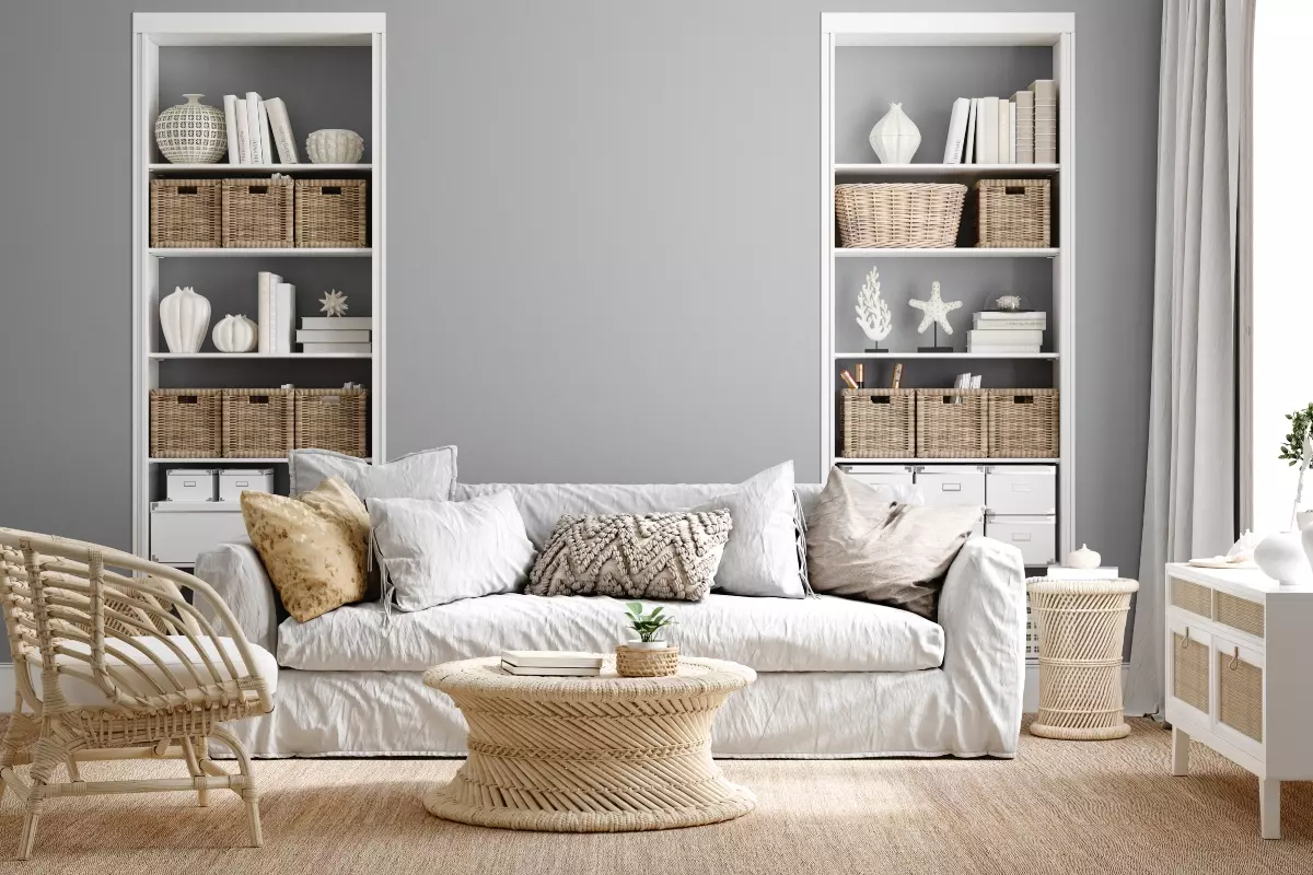 grey modern coastal living room design with bookshelves