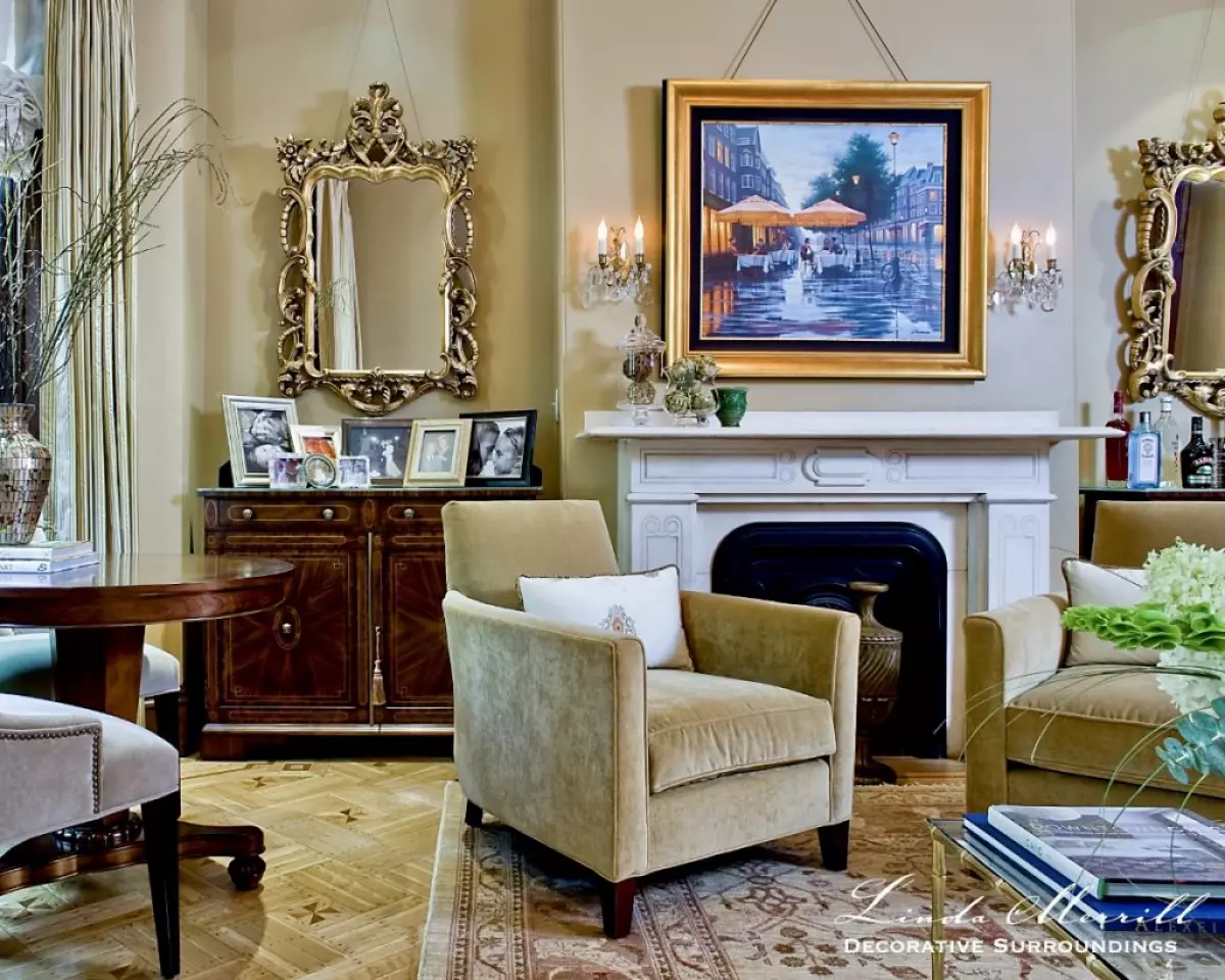 Linda Merrill Decorative Surroundings South End Boston 02118 brownstone formal living room fireplace chairs Symmetry Vs. Asymmetry