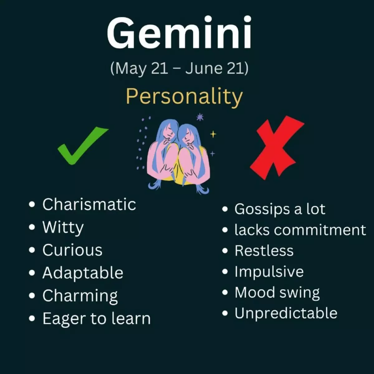 Gemini personality traits, both negative and positive characteristics for those individuals born between May 21 and June 20/21