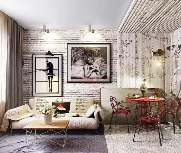 In this modern apartment, white tones dominate, and their great refreshment is this wall of bricks painted black!