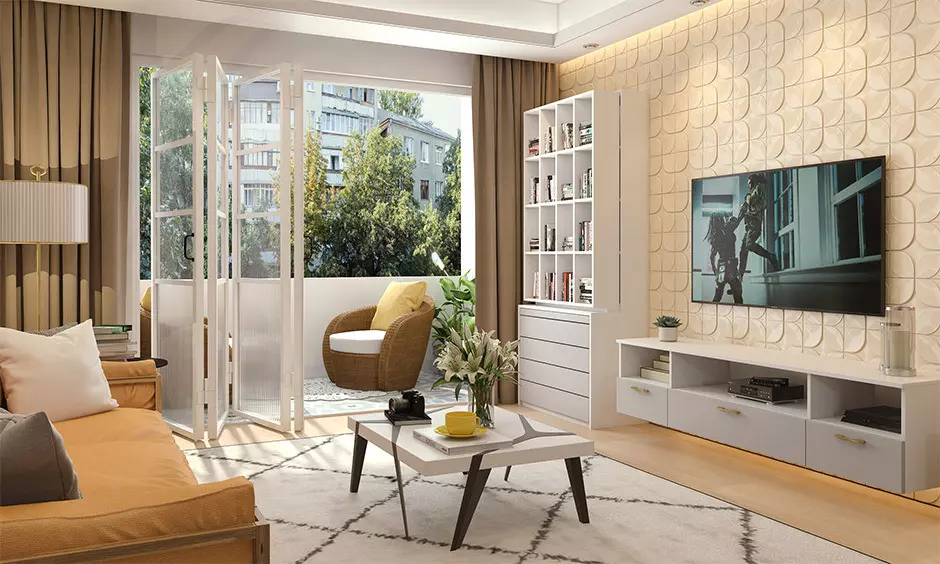 A living room with wooden panels and textured walls