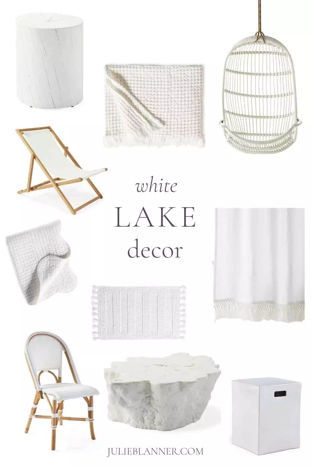 Collage of white lake house decor and furniture