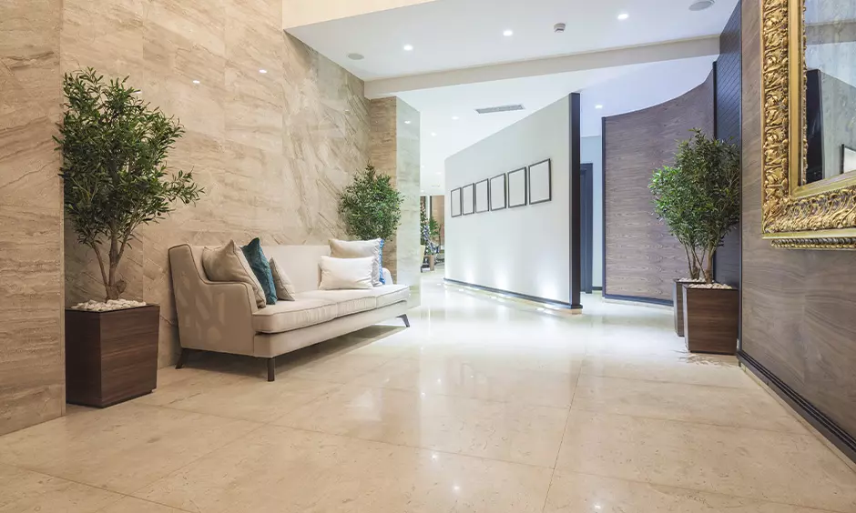 House lobby design with high ceiling and breakfast bar