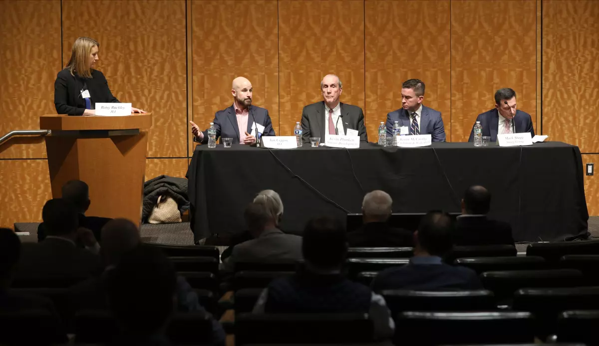 Betsy Buckley from JLL, left, moderates a panel discussion during the Building Owners and Managers Association of Westchester (BOMA) as they discuss commercial real estate trends, Jan. 11, 2024 at the RECKSON offices in White Plains. Panelists included from left, Ian Ceppos, JLL; Kevin Plunkett, Simone Development Companies; Kevin McCarthy, Cushman & Wakefield and Mark Stagg, Stagg Group.