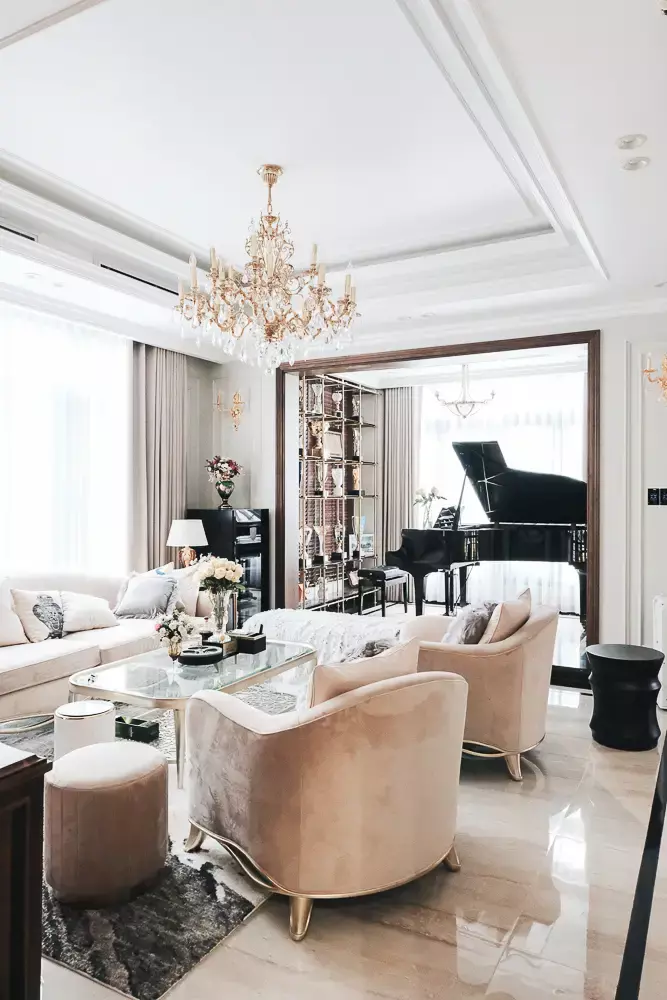 A neoclassical interior design styled room with a grand piano