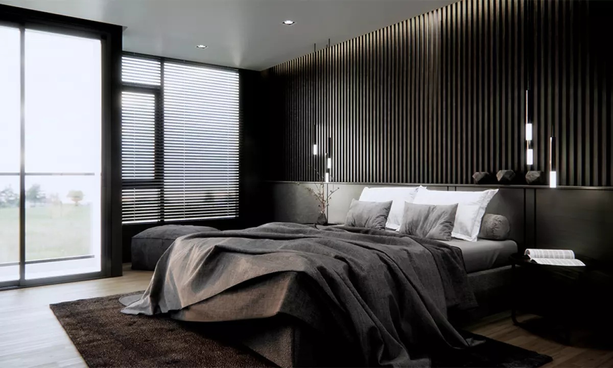 Dark interior bedroom in brown with different textures creates a classy private den-like bedroom.