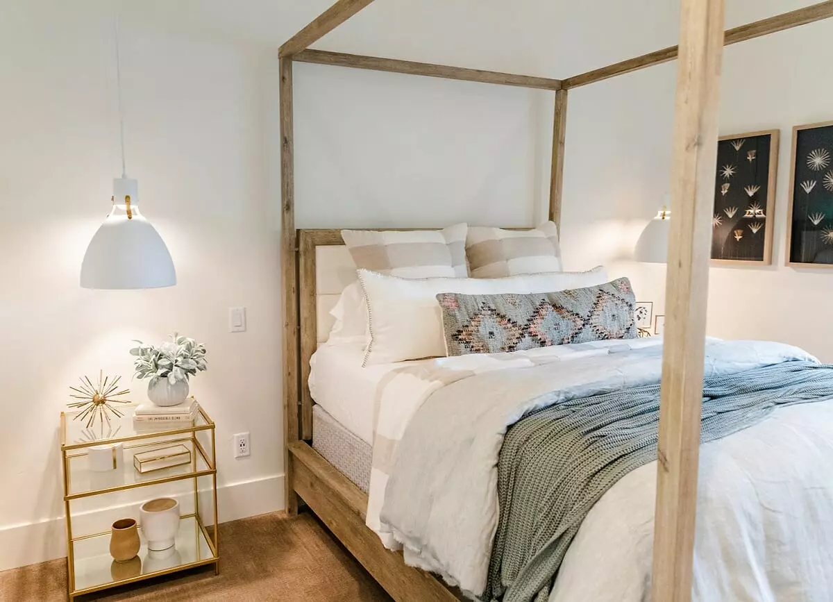 Small cabin bedroom interior with blue accents