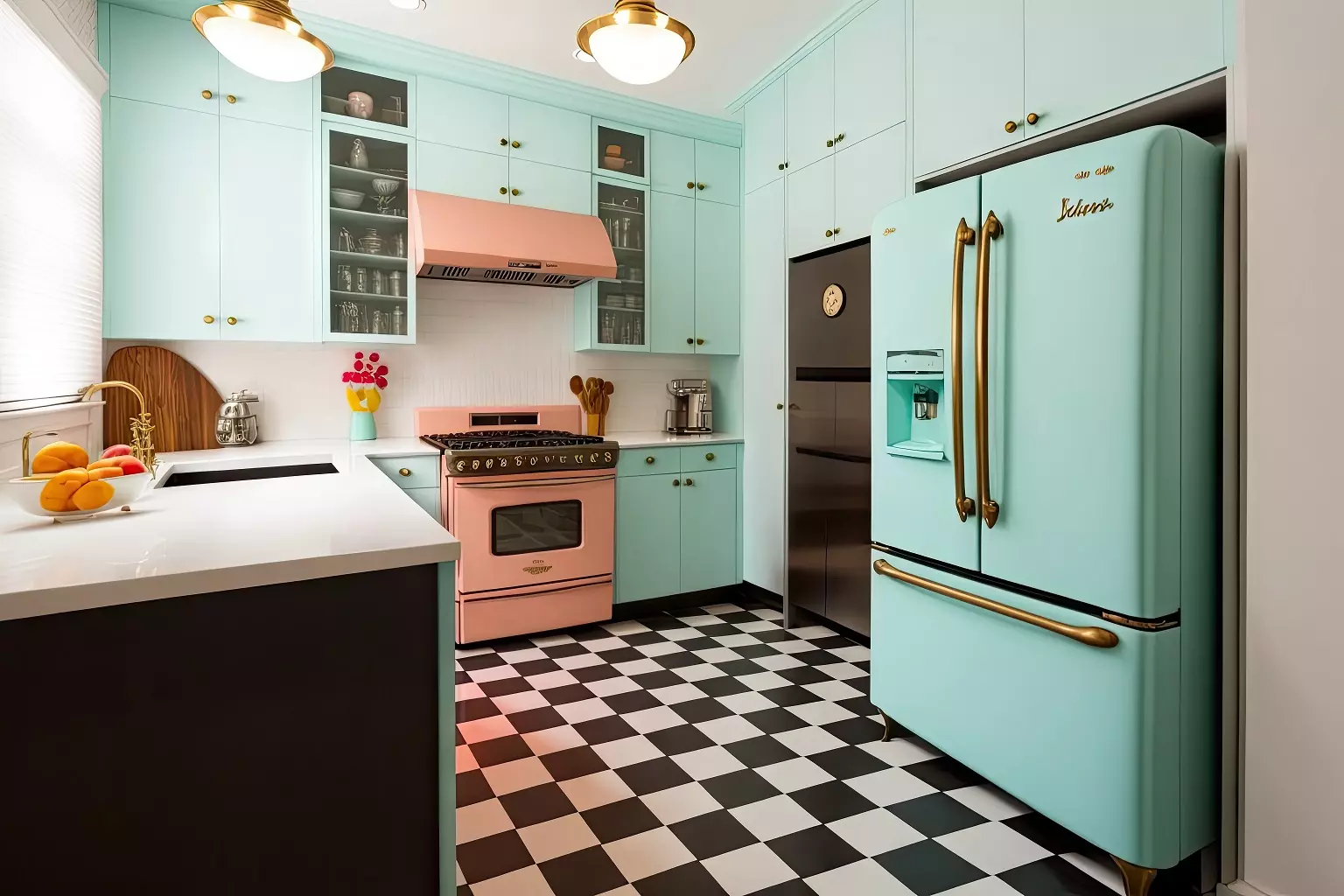 mid-century modern kitchen with retro appliances and sleek cabinetry, created with generative AI