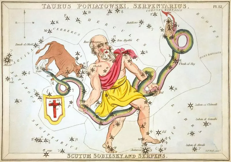 Antique color etching of old bald bearded man in ancient Greek garb holding a long writhing snake.