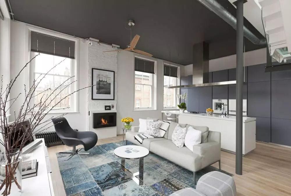 Modern apartment design lounge with a minimal kitchen