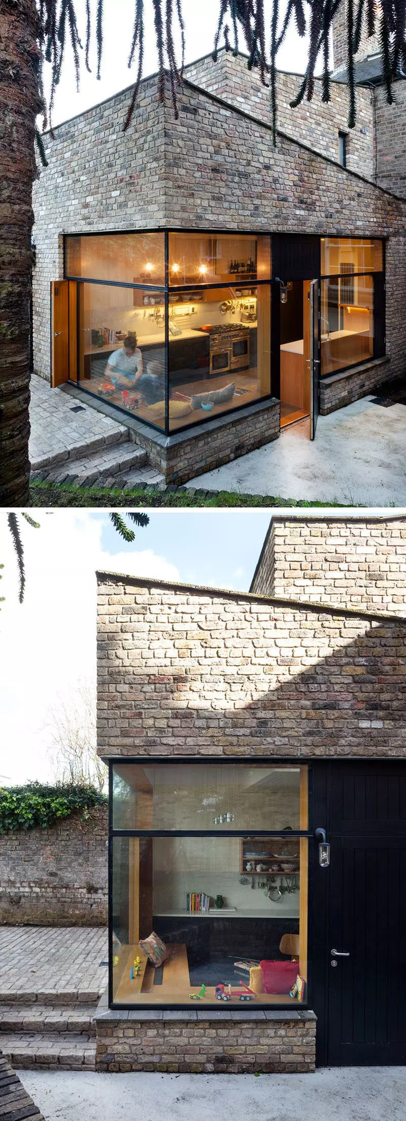 A modern house has a textured facade made from recycled bricks.