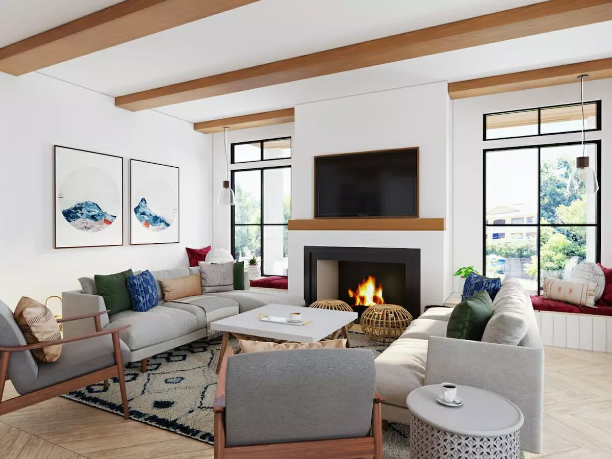 White living room in a mid-century interior design style