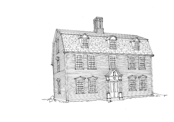 Strict symmetry, hipped roof, prominent chimneys, articulated corners, and door surround all point to Georgian style in a 1769 Massachusetts house.