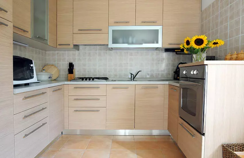 Modern kitchen with decorative veneers plywood cabinets