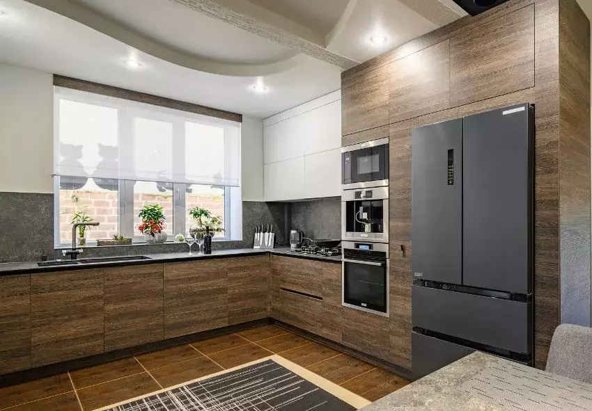 Spacious kitchen with plywood cabinets