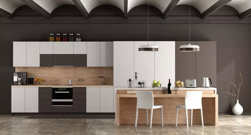 Kitchen with paint used for floating cabinetry, center island, range hood, and concrete flooring