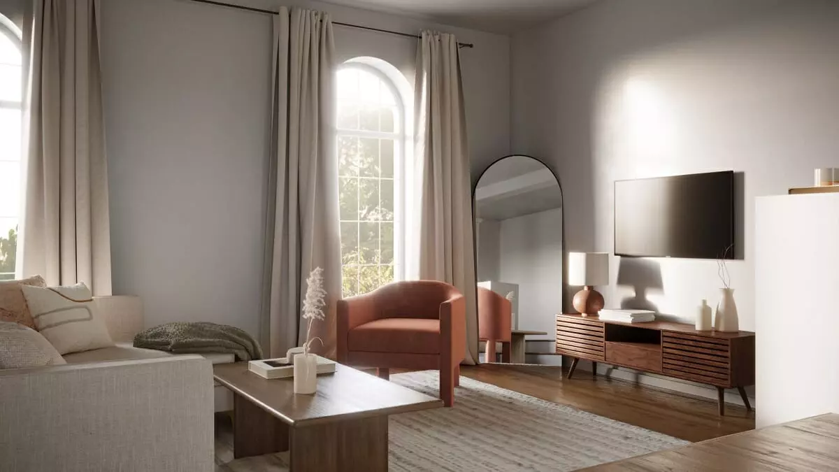 Curvy furniture 2023 interior design trend featured in a sleek interior by Decorilla designer, Anna Y.