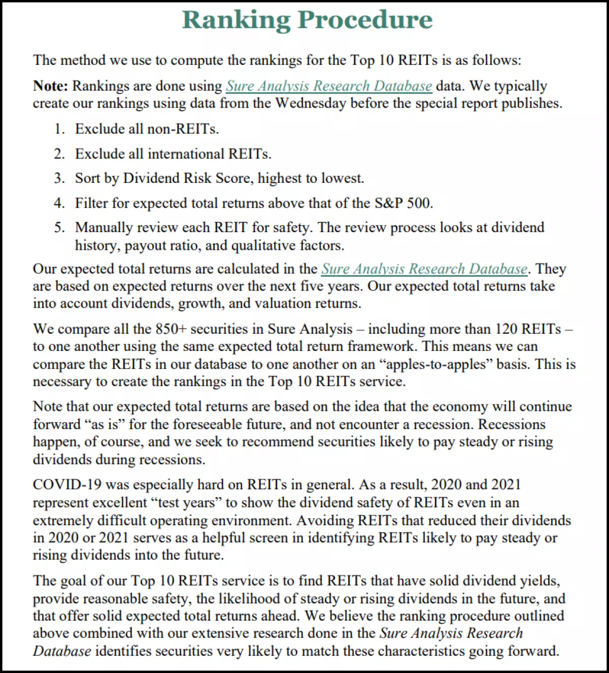 Top 10 REITs Ranking Procedure