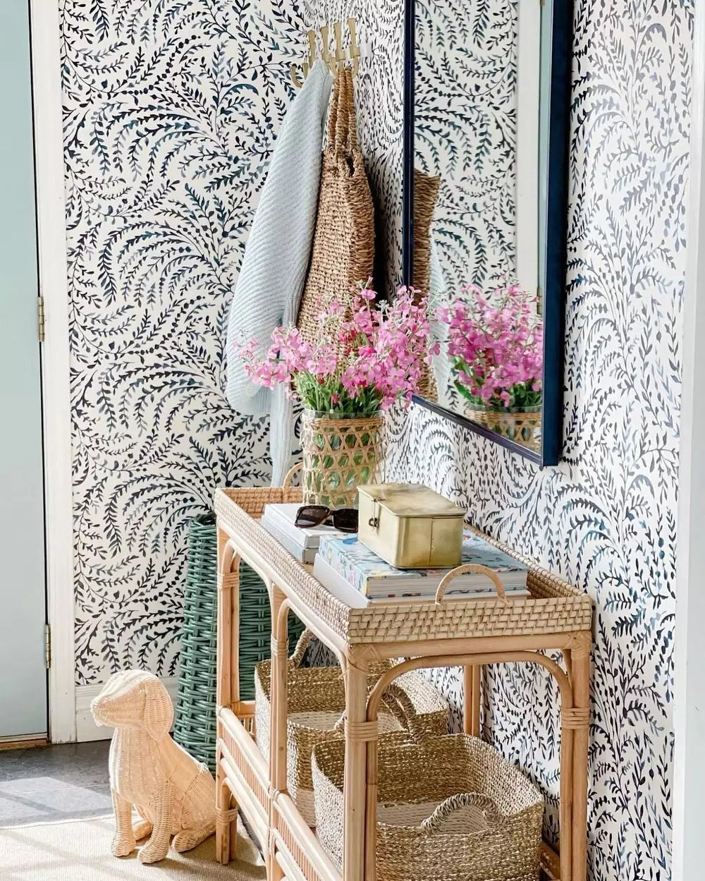 Coastal grandmother rattan console table