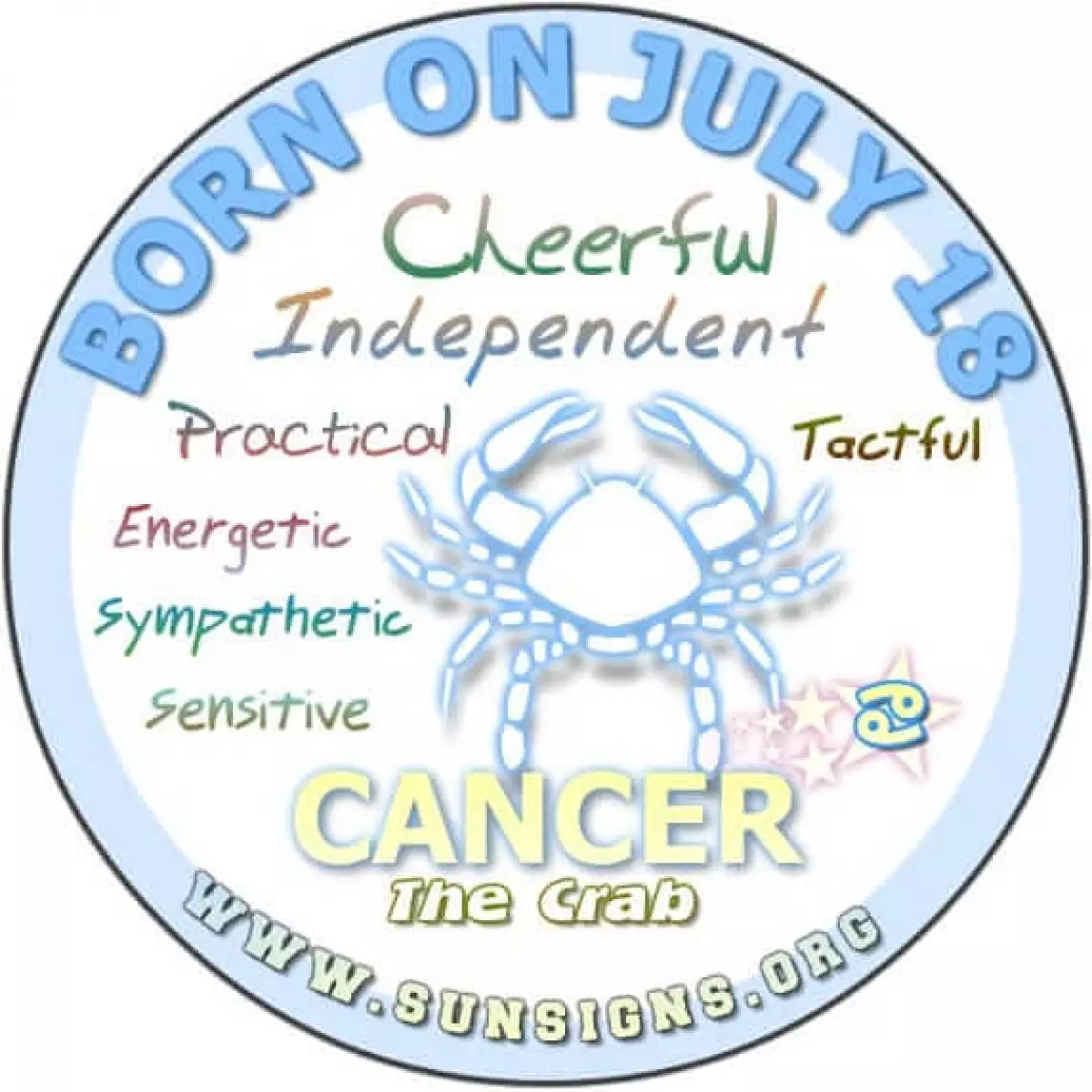 IF YOUR BIRTHDATE IS JULY 18, then your zodiac sign is Cancer who are cheerful, energetic and independent people.