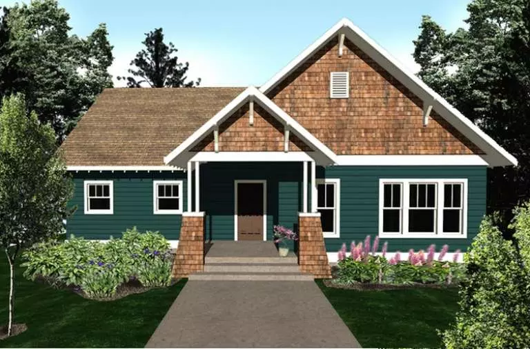 A white Craftsman Bungalow home with wood trim and a small front porch.