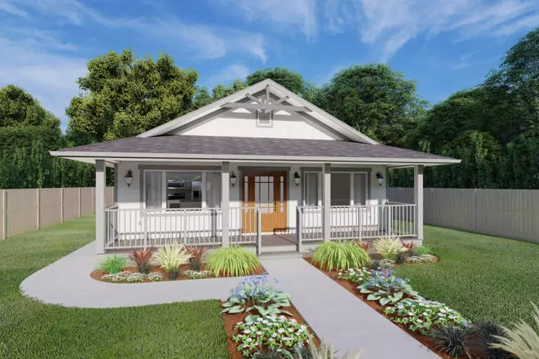 A green Airplane Craftsman Bungalow home with white accent trim and a large front porch.