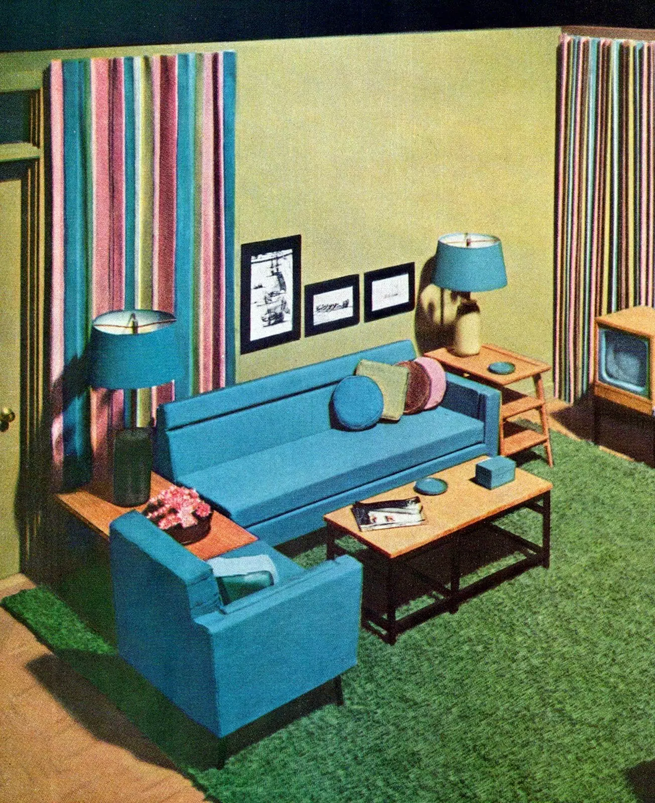 Colorful 1950s mid-century living room decor