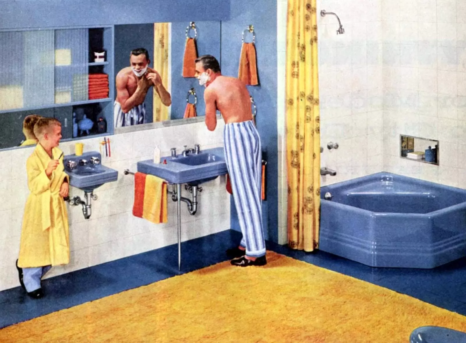 Bright yellow and blue bathroom decor from the 50s