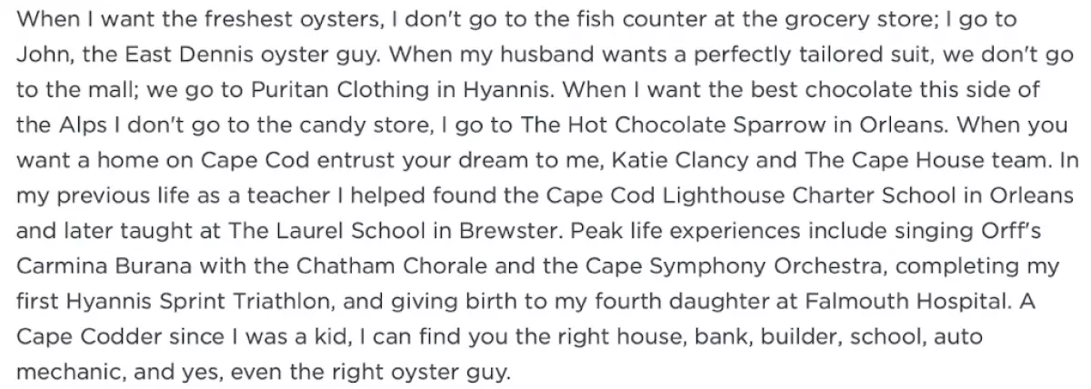 screen shot of a real estate bio that shows how much local bona fides the agent has, like their favorite oyster seller.