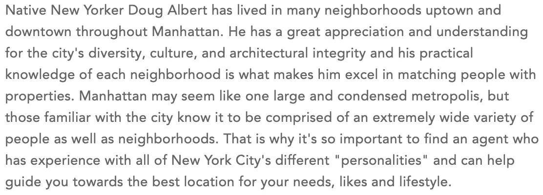 screenshot of real estate bio that shows how hyper local this professional is