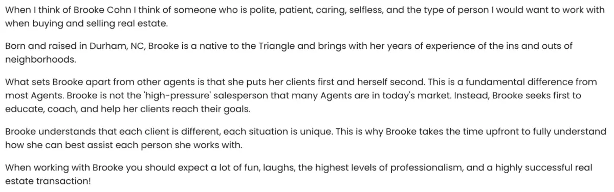 a real estate bio example that shows the agent