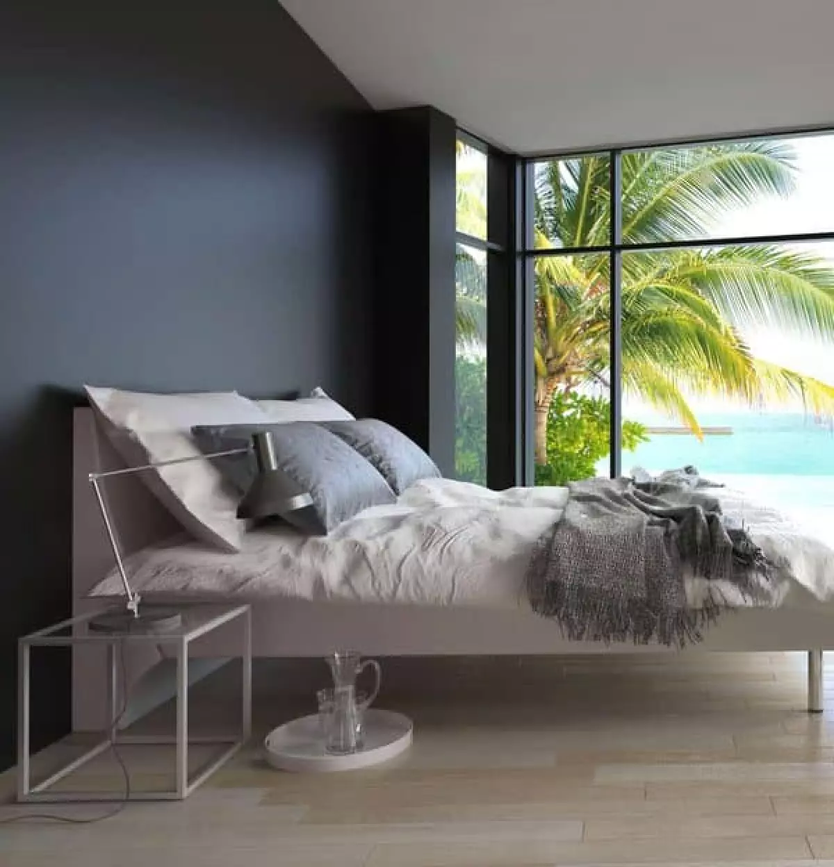 small gray bedroom tropical view