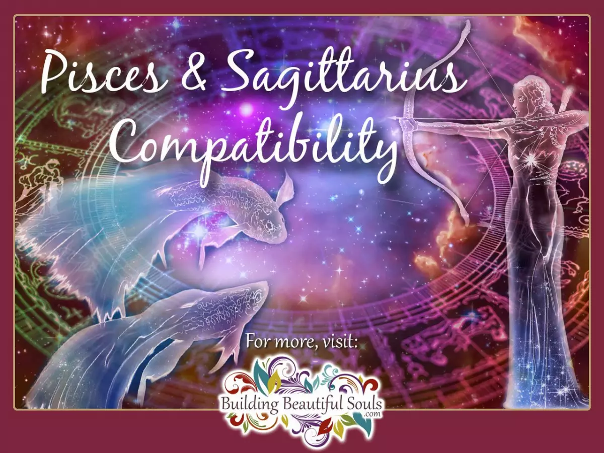 A Pisces woman and a Sagittarius man are looking deeply at each other, their expressions a mixture of longing and uncertainty, hinting at the complex dynamics of their astrological pairing.