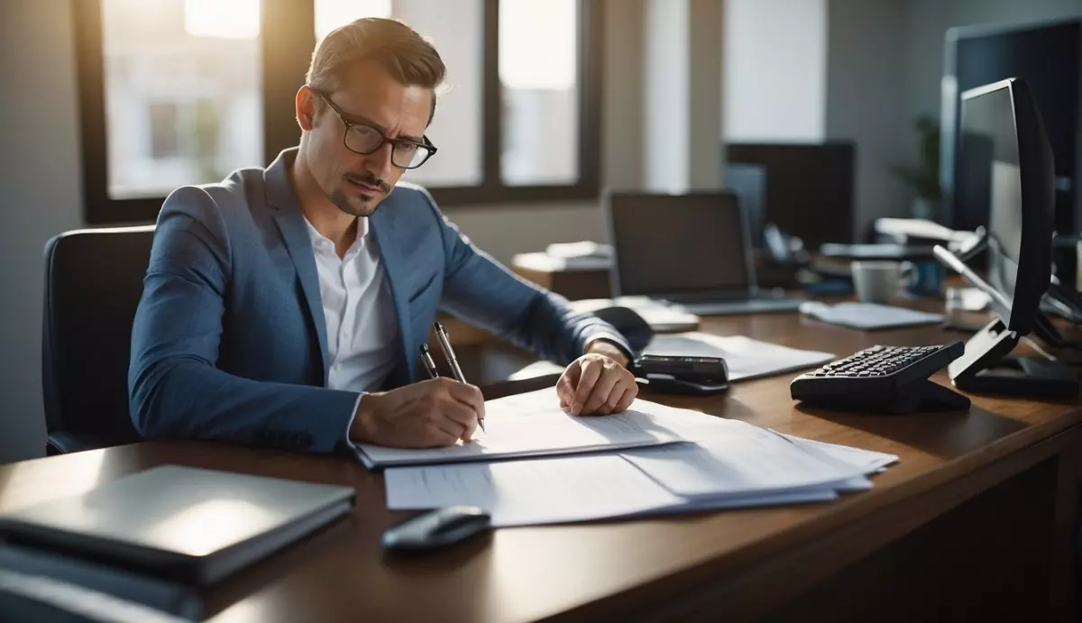 A real estate buyer meticulously fills out a form, their focus evident with a pen in hand. They are seated at a desk adorned with a computer and paperwork.