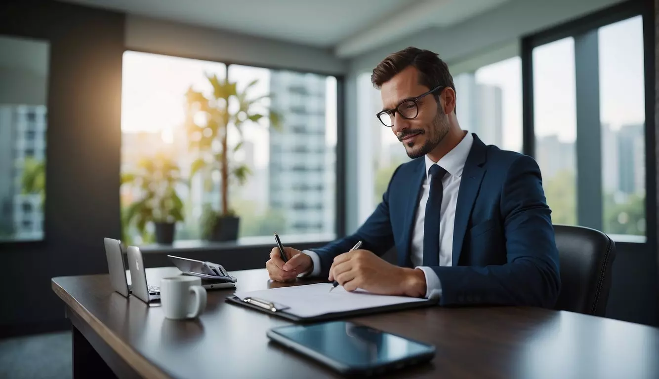 A real estate agent sits poised with a pen in hand, ready to note down details on a buyer information form neatly placed on a clipboard. Their workspace features a computer and a phone, indicating a focus on efficient client communication.