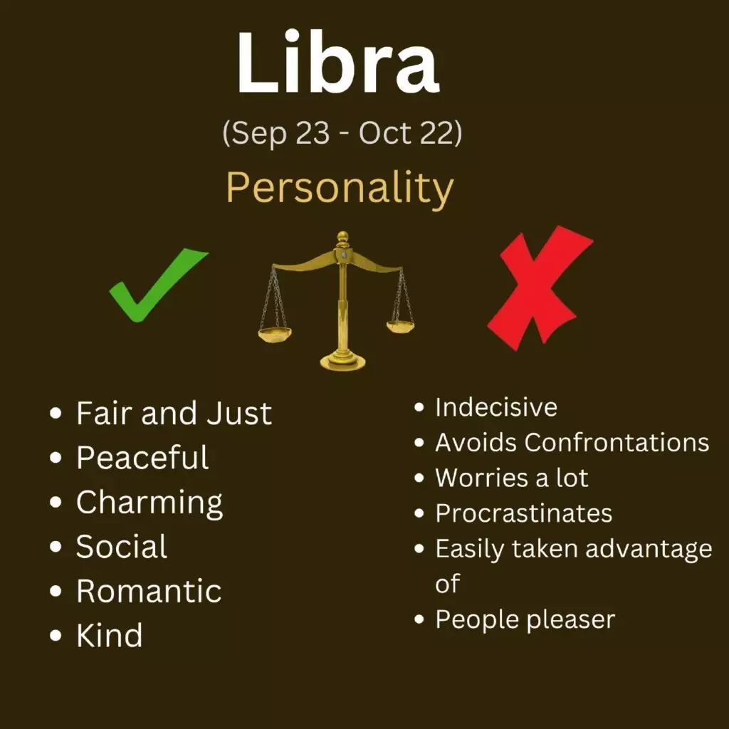 A visual representation of the Libra personality, highlighting both the positive and potential shadow sides of individuals born between September 23rd and October 22nd.