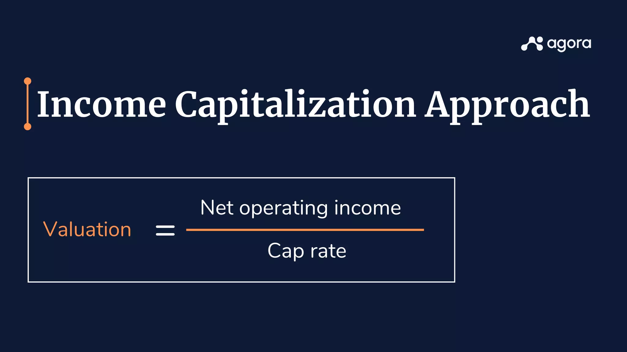 The formula for income capitalization, which is calculated by dividing Net Operating Income (NOI) by the Market Value.