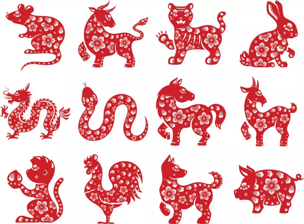 The animals of the Chinese zodiac, illustrated in beautiful red floral colours.