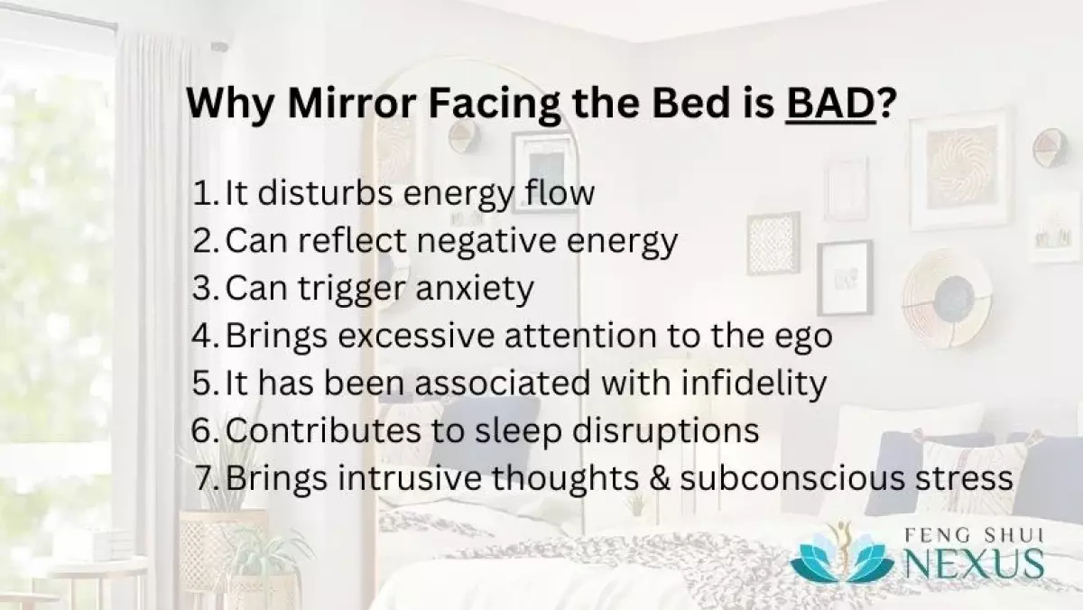 A bedroom with a large mirror positioned directly across from the bed, potentially disrupting energy flow and sleep quality according to feng shui principles.