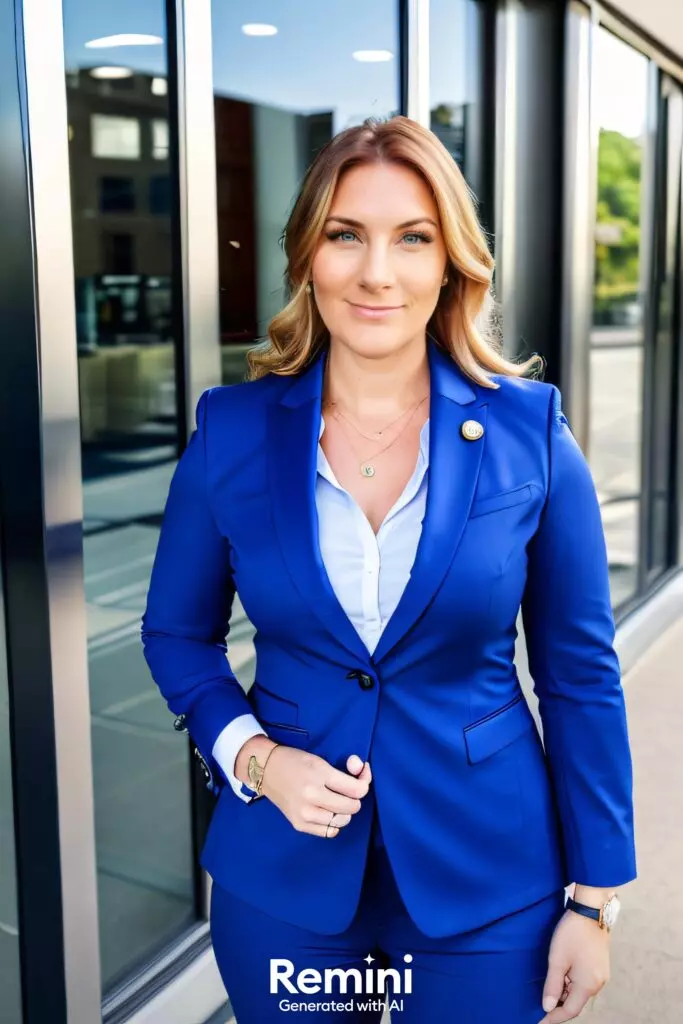 A woman wearing a blazer in a headshot photo generated by artificial intelligence.