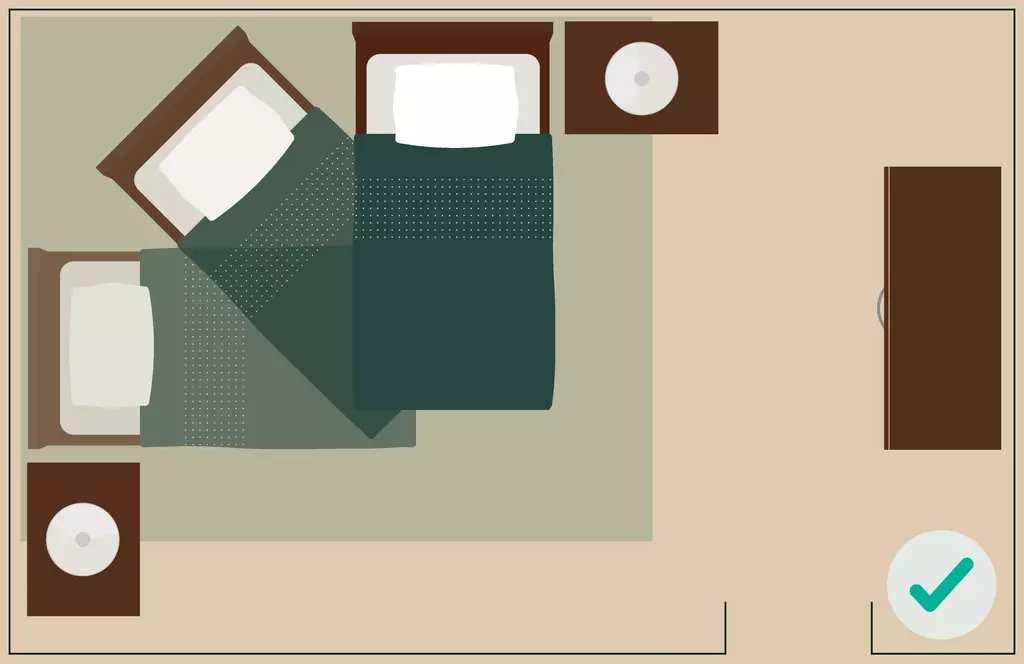 Correct Feng Shui bed placement - The twin bed is moved away from the wall, providing a clearer view of the doorway, and the bed's angle is adjusted to avoid directly facing or sharing a wall with the door.