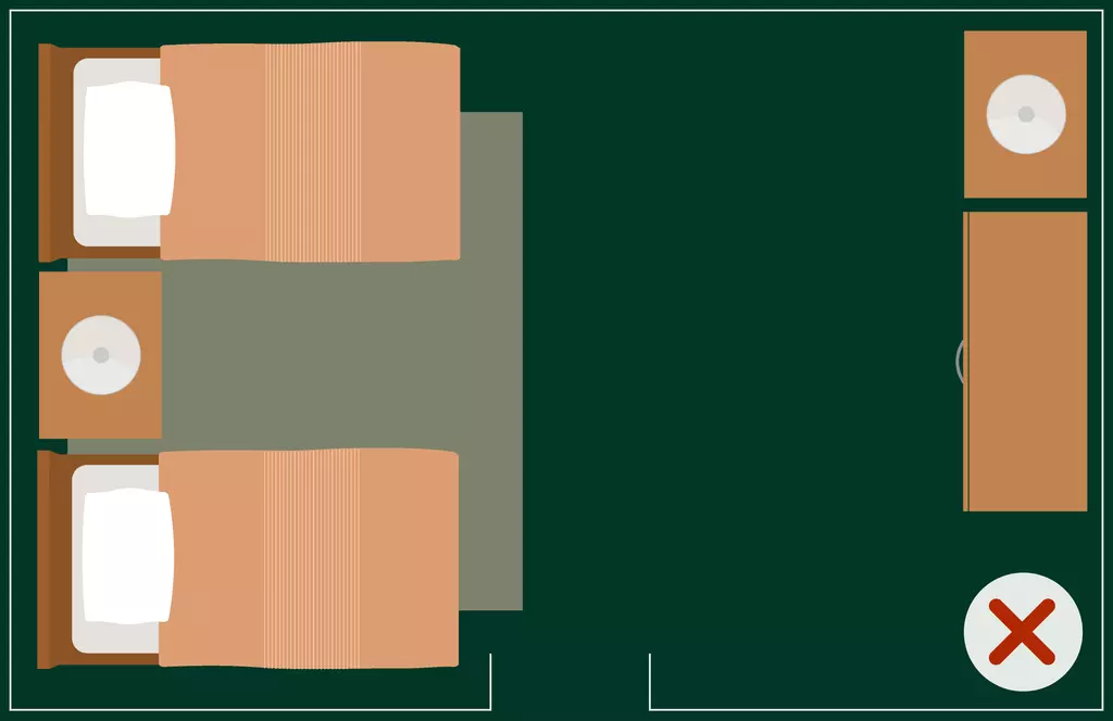 Incorrect Feng Shui bed placement - Two twin beds are placed in a room, with one positioned against the wall containing the doorway.